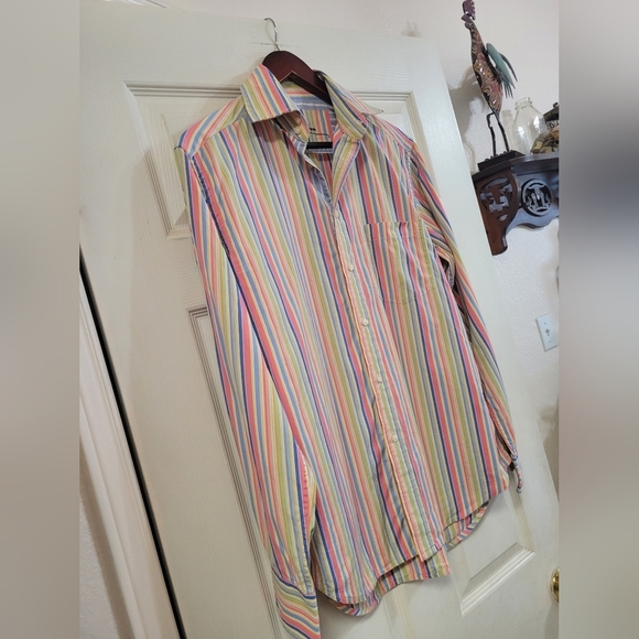 Robert Graham Mens Long Sleeve Button Up Shirt Medium Pastel Rainbow Stripes - Picture 2 of 5